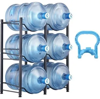 Stojan na víno 3patrový držák na džbány na vodu, držák na 5galonové lahve s vodou, dvouřadý stojan na lahve s vodou pro 6 lahví, odolný stojan na džbány s vodou do kuchyně, kanceláře, obývacího pokoje, černý