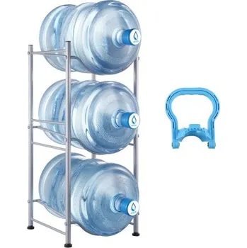 Stojan na víno 3patrový držák na džbány na vodu, držák na 5galonové lahve s vodou, jednořadý stojan na 3 lahve s vodou, odolný stojan na džbány s vodou do kuchyně, kanceláře, obývacího pokoje, stříbrný