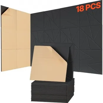 Obklad 18 kusů akustických panelů se samolepicí fólií, zvukotěsné pěnové panely 11,8 x 11,8 x 0,4 palce, polyesterové vlákno, zvukotěsné stěnové panely s vysokou hustotou, pro domácnost, studio, kancelář, kino, černé