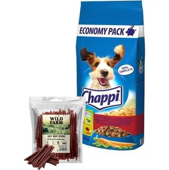Krmivo pro psa CHAPPI 13,5 kg - suché krmivo pro psy s hovězím masem, drůbeží a zeleninou + WILD FARM hovězí tyčinky 500g