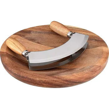 Kuchyňský nůž Kráječ bylinek s prkénkem - 2 čepele | akáciové dřevo