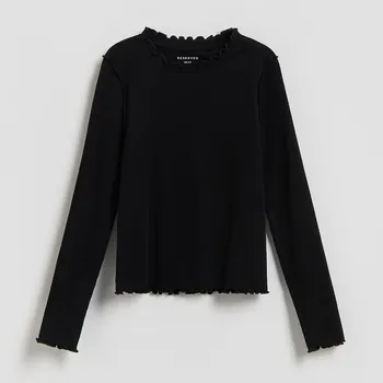 Dívčí oblečení Reserved - Tričko s dlouhými rukávy, z žebrovaného úpletu s vysokým podílem bavlny - černý - 791HT-99X - 791HT-99X-146