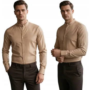 Pánská košile Elegantní pánská košile se stojáčkem regular fit béžová DX2601 - XL