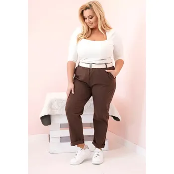 Dámské kalhoty Dámské bavlněné kalhoty Plus Size s páskem hnědý 2XL