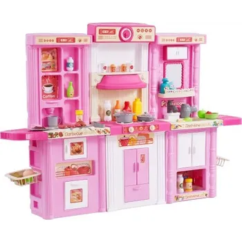 Dětská kuchyňka Dětská kuchyňská sada, 3v1 dětská kuchyňka se simulovaným postřikem, zvuky a světly, sada kuchyňky na hraní se 74 díly kuchyňského příslušenství pro batolata, předškoláky, děti ve věku 3-8 let, růžová