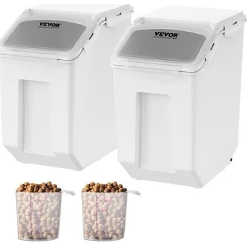 Miska pro psa Zásobník na ingredience, 2 x 15l dávkovač s 2 odměrkami, připevnitelnými kolečky a vzduchotěsným víkem, 2 ks/sada nádob na krmivo pro psy a domácí mazlíčky, materiál PP, kuchyňská rýže a mouka