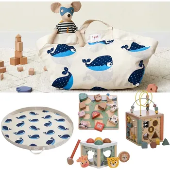 Dětské zboží 3 SPROUTS Set hrací podložka/vak a dřevěné hračky C Whale