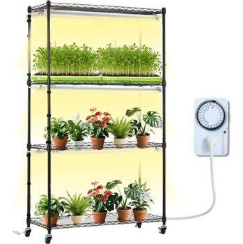 Stojan na květiny Stojan na rostliny s pěstebním světlem, 4 úrovně, 180W vnitřní pěstební světlo, 3 režimy spektra světla, kovová police na rostliny s časovačem, zahradní pěstební stojan pro setí, 91,5 cm D x 33,8 cm Š x 147,1 cm V