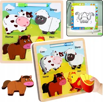 Dřevěná hračka DŘEVĚNÉ PUZZLE TABULE 2V1 EDUKAČNÍ DOMÁCÍ ZVÍŘATA S FIXOU