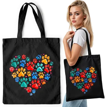 Černá bavlněná nákupní taška – TLAPKY KOLÁČ SRDCE TVAR TLAPKY POTISK