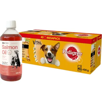 Pedigree Vital Protection Dog Adult kapsička Chicken with Vegetables/Beef with Vegetables/Turkey with Carrots/Beef with Lamb, 40x 100 g + lososový olej 500 ml