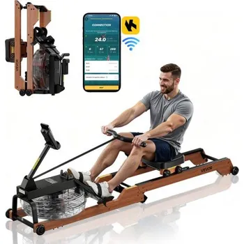 Veslovací trenažér Veslovací trenažér s vodním zátěží, 6 úrovní tichého odporu, skládací dřevěný veslovací trenažér s 14litrovou nádrží na vodu a LCD monitorem, kompatibilní s aplikací Bluetooth, nosnost 158 kg, veslovací trenažéry pro domácí použití