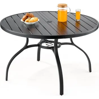 Zahradní stůl Venkovní jídelní stůl na terasu, 120 cm kulatý kovový ocelový lamelový zahradní bistro stolek, s 38mm otvorem pro slunečník, venkovní nábytek do každého počasí, velký, na zahradní verandu, černý