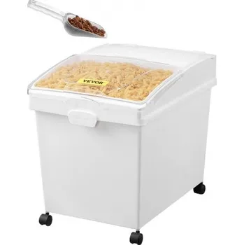 Dóza na potraviny Nádoba na ingredience, objem 33,3 l, nádoba na mouku z PP materiálu na kolečkách, bílá police, nádoba na ingredience s naběračkou a posuvným víkem, komerční skladovací nádoby, sada 3 ks