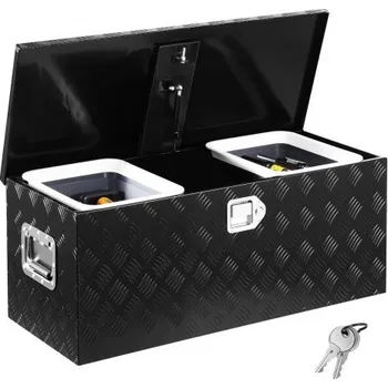 Hliníková korba nákladního automobilu, Krabice na nářadí s pruhovaným pokovením a posuvnou policí, boční rukojeť, zámek a klíče, úložná bedna na nářadí pro přívěs, pickup, 899 x 370 x 370 mm, černá