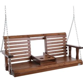 Zahradní houpačka Dřevěná houpačka na verandu, 1,5 m, zahradní houpačka na terasu a do dvora, vylepšená nosnost 380 kg, odolná houpací lavice se závěsnými řetězy pro venkovní použití, hnědá