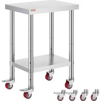 Dílenský stůl Pracovní stůl z nerezové oceli 24 x 18 x 34 palců, nosnost 700 liber se 4 kolečky, 3 nastavitelné výšky, odolný pracovní stůl na přípravu jídla do komerční kuchyně restaurace, stříbrný