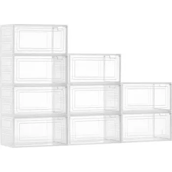 Úložný box úložné boxy na boty, 9 kusů průhledných stohovatelných úložných organizérů na boty s magnetickými dvířky, vhodné až do velikosti US 13, plastové boxy na tenisky, boty a klobouky, průhledně bílé