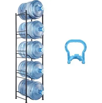 Stojan na víno 5patrový držák na džbány na vodu, jednořadý stojan na lahve s vodou pro 5 lahví, odolný stojan na dávkovač vody s 5 sloty pro galonové džbány, odnímatelná police na vodu, organizér pro domácí obývací pokoj, kancelář, černý