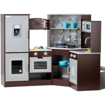 Dětská kuchyňka Rohová dřevěná kuchyňka, sada hraček se světly a zvuky, dětská kuchyňka s výrobníkem ledu, troubou, dřezem, hodinami, mikrovlnnou troubou, lednicí a příslušenstvím, pro batolata, předškoláky, hnědá