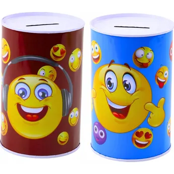 Pokladnička KOVÁNÍ PRASÁTKO PRO DĚTI PLECHOVKA NA PENÍZE SMAJLÍCI MODRÁ