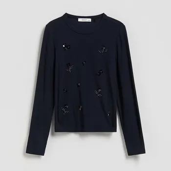 Dívčí oblečení Reserved - Tričko s lesklou aplikací - černý - 839HT-99X - 839HT-99X-140