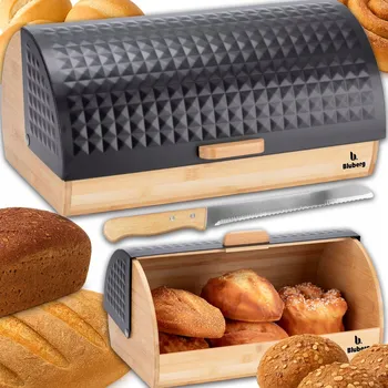 chlebník DŘEVĚNÝ ČERNÝ CHLEBNÍK VELKÝ BAMBUSOVÝ SET S NOŽEM NÁDOBA NA PEČIVO