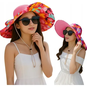 Klobouk Dámský letní klobouk proti slunci UV oboustranný s s velkou krempou a šňůrkou