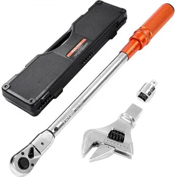 Klíč Nastavitelný momentový klíč Click, pohon 1/2 palce, 20–160 lbf-ft/27,1–216,8 Nm, stupnice s dvojitým směrem a dvojitým rozsahem, 72 zubů, přesnost ±2 %, s adaptérem, vyměnitelnou čelistí a ráčnou.