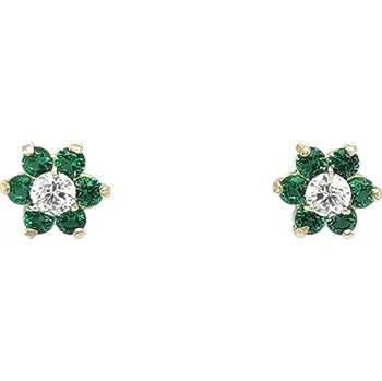 Náušnice Zlaté náušnice květinky se zelenými a čirými kamínky