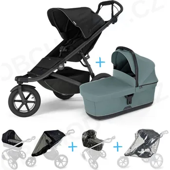 Kočárek Set 5v1 Thule Urban Glide 3 Black s magnetickou sponou + korbička Mid blue + pláštěnky + ochranná síť