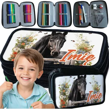 Penál Tříkomorový penál s vybavením do školy - Koně pro děti