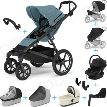 Kočárek Set 10v1 Thule Urban Glide 4-wheel Mid Blue s magnetickou sponou + madlo + korbička Soft Beige + pláštěnky a moskytiéry Thule + Autosedačka Thule Maple Black s ISOFIX základnou Thule Alfi a adaptéry