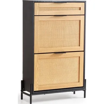 Botník Botník z ratanu, úzký organizér na boty se 2 výklopnými ratanovými zásuvkami a 1 výsuvnou zásuvkou, kovové nohy, úzká botník do předsíně, ideální do předsíně, skříně, chodby, černá