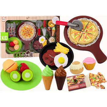 Dětská kuchyňka SADA JÍDLA NA HRANÍ RYCHLÉ OBČERSTVENÍ PRO DĚTI OVOCE PIZZA HRANOLKY ZMRZLINA