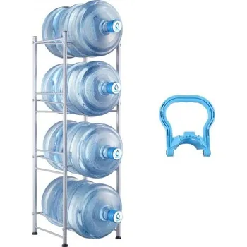 Stojan na víno 4patrový držák na lahve s vodou, držák na 5galonové lahve s vodou, jednořadý stojan na lahve s vodou pro 4 lahve, odolný stojan na lahve s vodou do kuchyně, kanceláře, obývacího pokoje, stříbrný