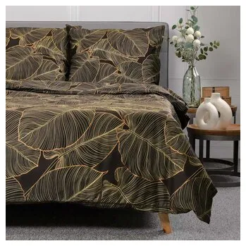Bavlněné povlečení 100% bavlna | GALLO | satén s černými listy | 220x200 + 2*70x80 cm | 811970