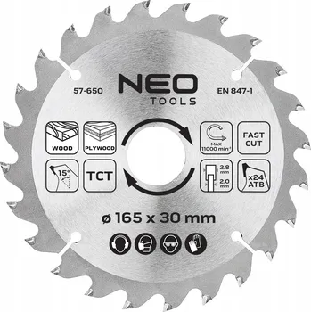 Pilový kotouč Kotoučová pila, vidiový, 165 x 30 mm, 24 zubů, na dřevo NEO TOOLS