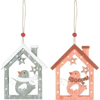 Vánoce Domek s ptáčkem dřevěný 8 cm na pověšení