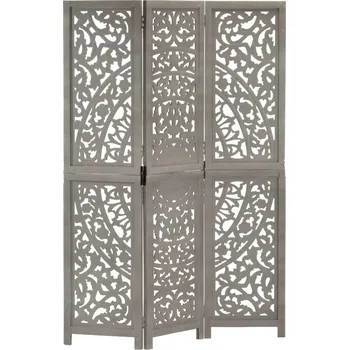 Paraván Ručně vyřezávaný 3dílný paraván šedý 120x165 masivní mangovník - 8719883818047