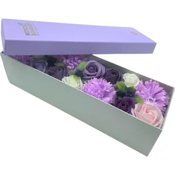 Růže a Karafiáty Levandulová Edice | Merci Dárkový Dlouhý Box Mýdlové Květy (Luxusní dlouhý dárkový Box plný mýdlových levandulových Růží a karafiátů v luxusní edici který snoubí krásu květin, ale také funkčnost protože květy lze rozpustit ve vodní lázni 