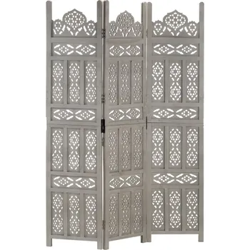 Paraván Ručně vyřezávaný 3dílný paraván šedý 120x165 masivní mangovník - 8719883817880