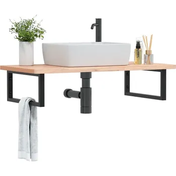 Koupelnový nábytek Deska pod umyvadlo nástěnná ocel a masivní bukové dřevo - 8721102932908