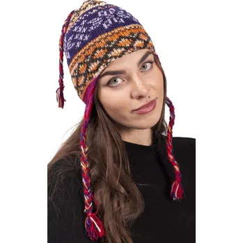 Čepice Vlněná čepice se střapci / oranžovo-fialová I.