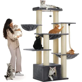 KOČIČÍ STROM - s houpací sítí a škrabadly (7 patrový - 170 cm) Barva: šedá (AMT0268GY)