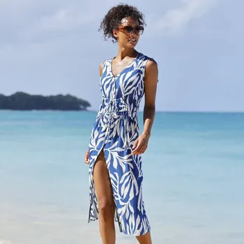 Dámské šaty Plážové šaty na knoflíky, s potiskem modrá/režná 46