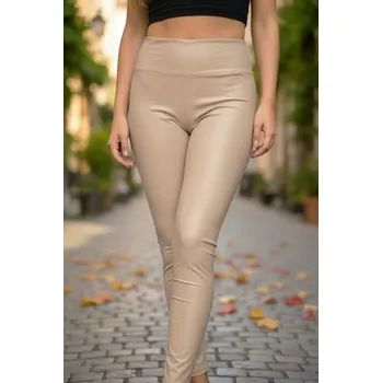 Dámské legíny Dámské koženkové legíny velké velikosti světle béžová