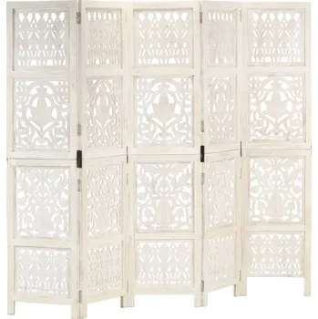 Paraván Ručně vyřezávaný 5dílný paraván bílý 200x165 masivní mangovník - 8719883817989