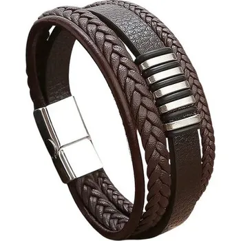 Náramek Pánský hnědý kožený náramek s kovovými prvky