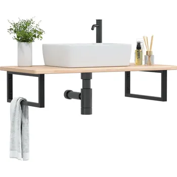 Koupelnový nábytek Deska pod umyvadlo nástěnná ocel a masivní dubové dřevo - 8721102932427